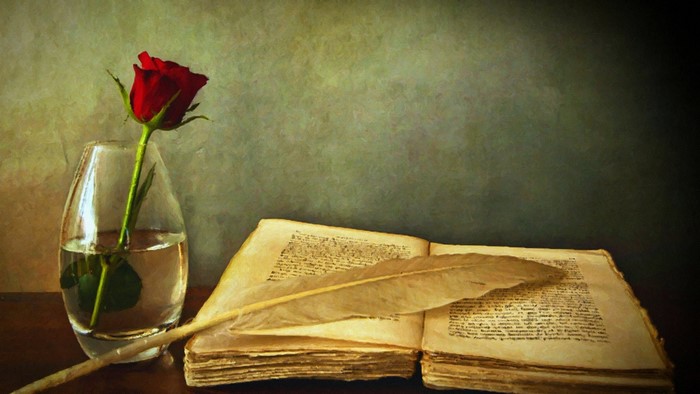 A red rose in a vase next to an open book with a quill