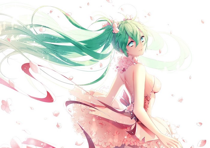 Hatsune Miku from Vocaloid with flowers and petals
