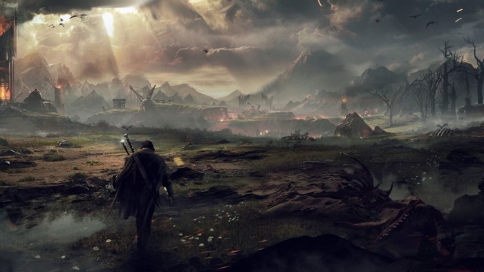 Man with swords walks through a desolate, mountainous landscape
