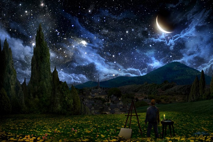 Night Landscape with Crescent Moon and Painter