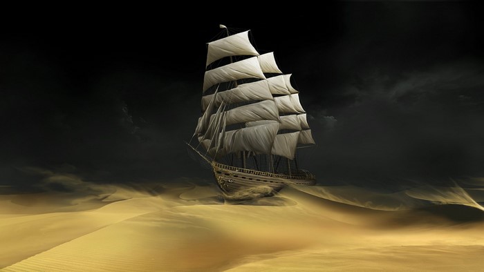Sailing ship in a desert with dark clouds