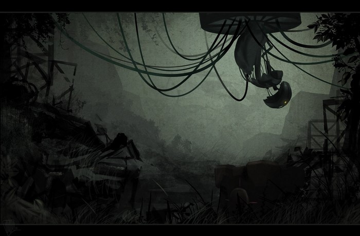 Turret from Portal 2 in a desolate environment