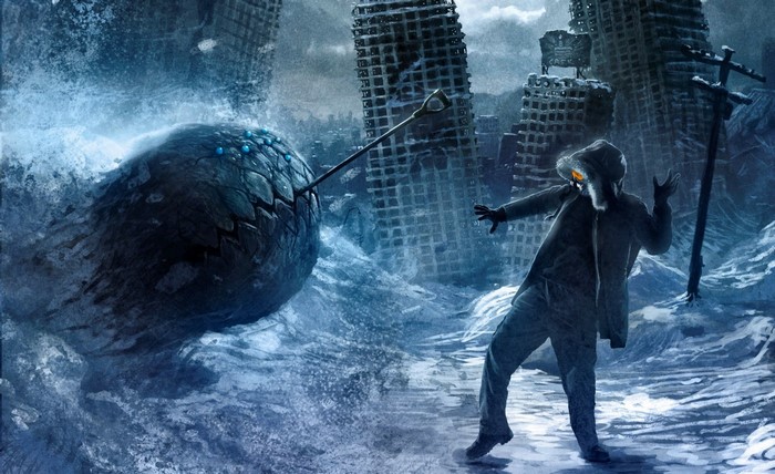 Post-apocalyptic scene with a giant sphere and a survivor