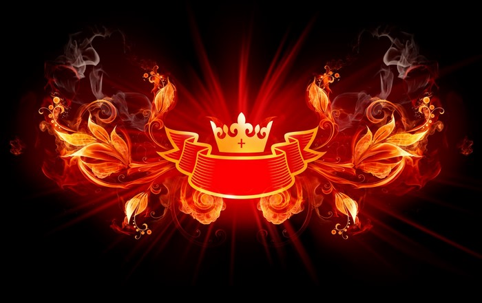 Golden crown and red ribbon with fiery floral design