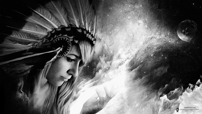 Woman in Native American Headdress with Cosmic Background