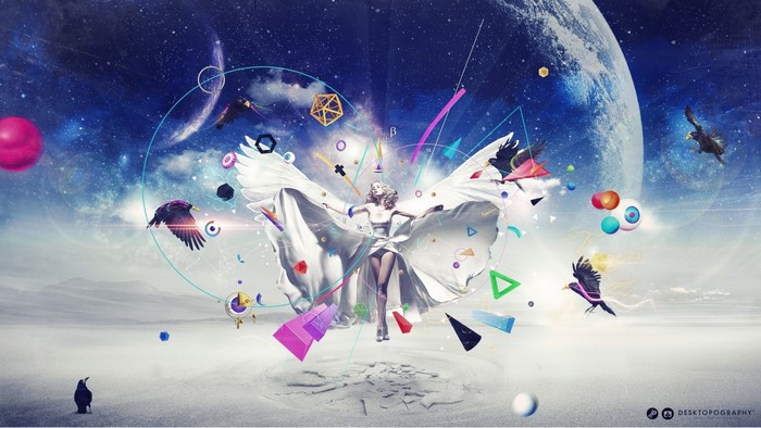 Fantasy art illustration with geometric shapes and birds