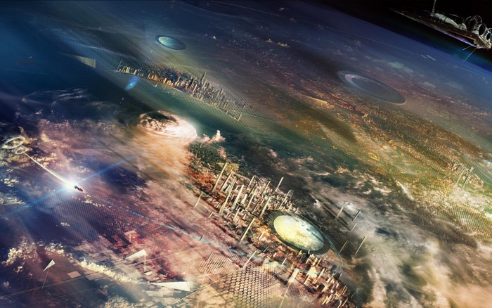 Futuristic Earth city with spacecraft in orbit