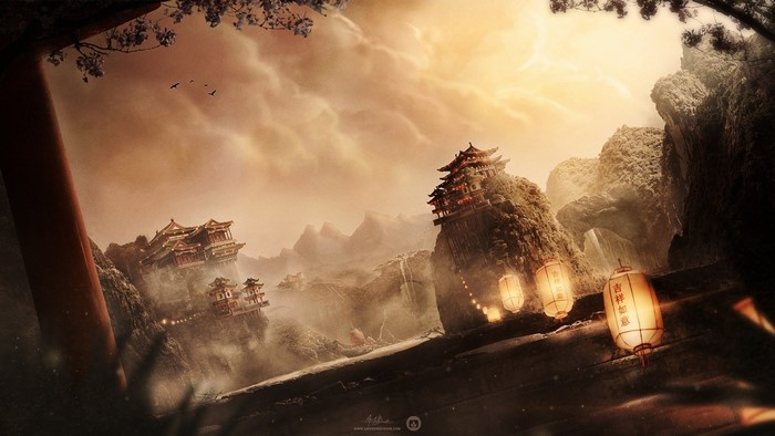 Fantasy landscape with pagodas and lanterns