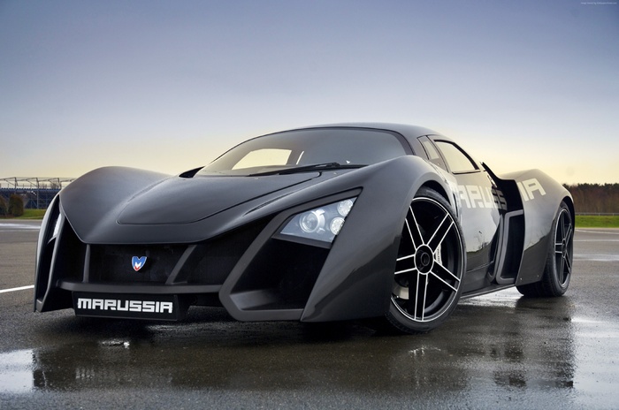 Marussia B2 supercar on a wet road