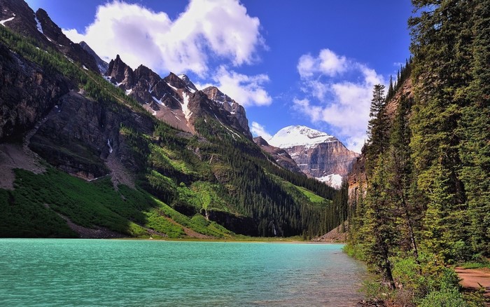 Turquoise lake and snow-capped mountains in a national park