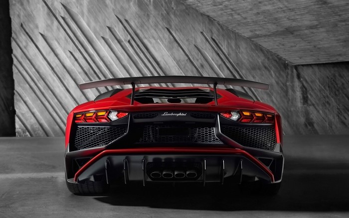 Red Lamborghini Aventador LP750-4 SV rear view