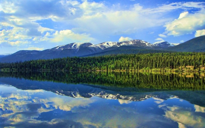 Snow-capped mountains reflected in a calm lake with pine forest