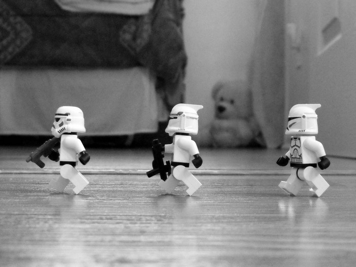 Three LEGO Stormtroopers from Star Wars walking