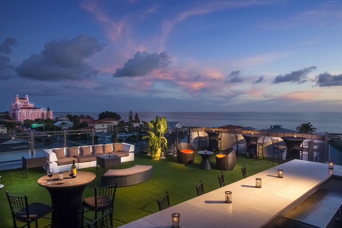 Rooftop bar at Hotel Zamora overlooking the ocean at sunset