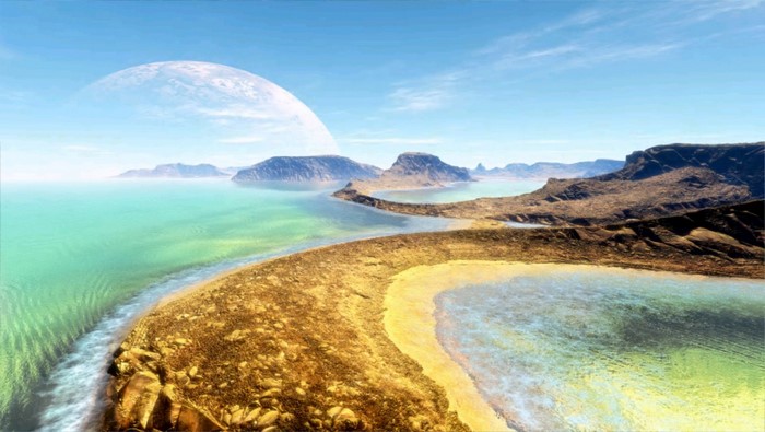 Alien Planet Landscape with Large Moon and Turquoise Water