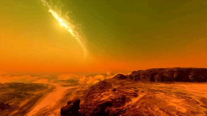 Alien planet landscape with sun and clouds