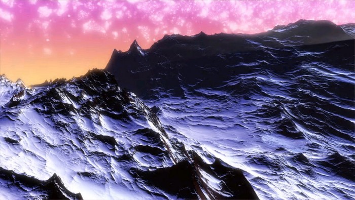 Fantasy mountain range with pink and orange sky