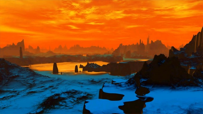 Alien planet landscape with orange sky and blue water