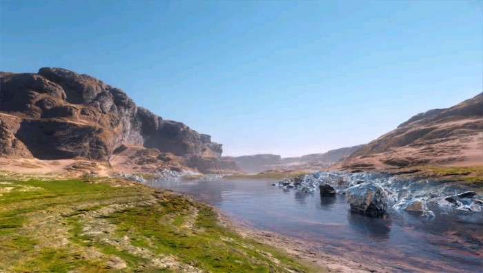 A rocky valley with a river and grassy banks