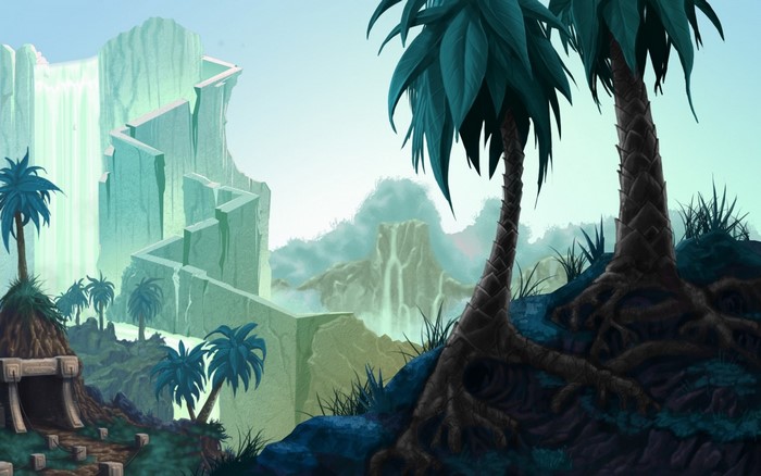 Fantasy jungle landscape with waterfalls and ancient ruins