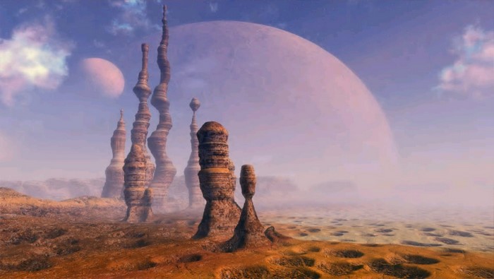 Alien landscape with strange rock formations and planets