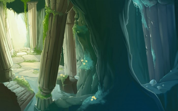 Fantasy ruins with ancient columns and water
