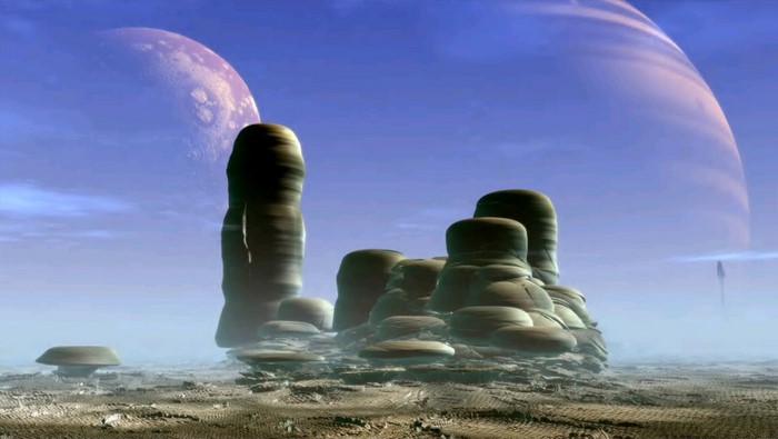Alien planet landscape with rock formations and moons