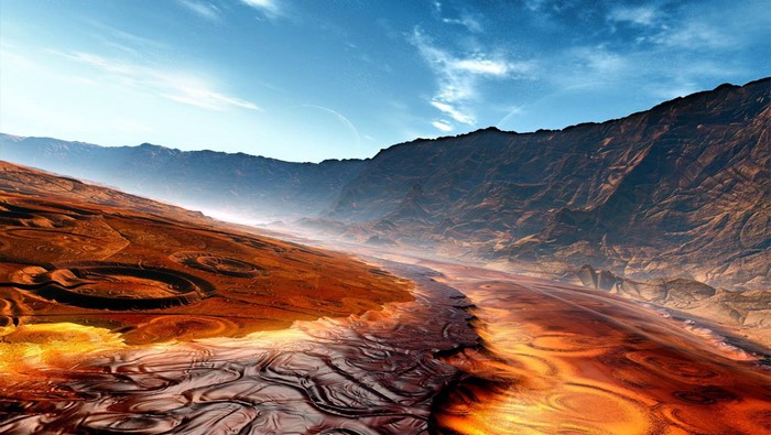 Alien landscape with mountains and a river of lava