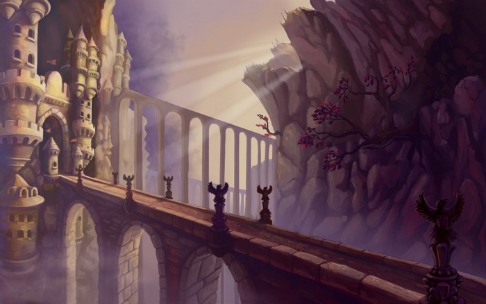 Fantasy castle bridge with ornate statues and rocky cliffs
