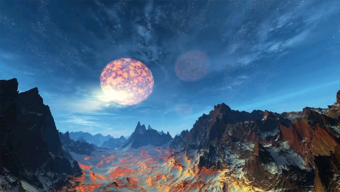 Alien planet with lava fields and two moons