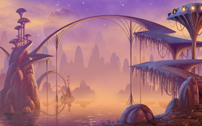 Fantasy landscape with alien structures and a large moon