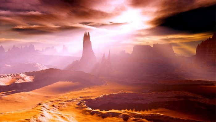 Fantasy landscape with rock formations at sunset