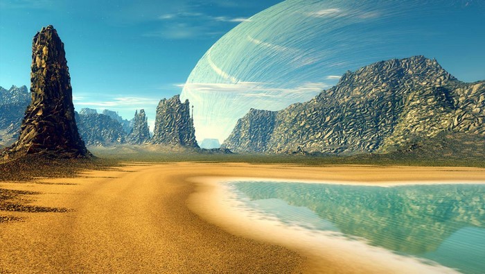 Surreal Rocky Landscape with Distant Ringed Planet