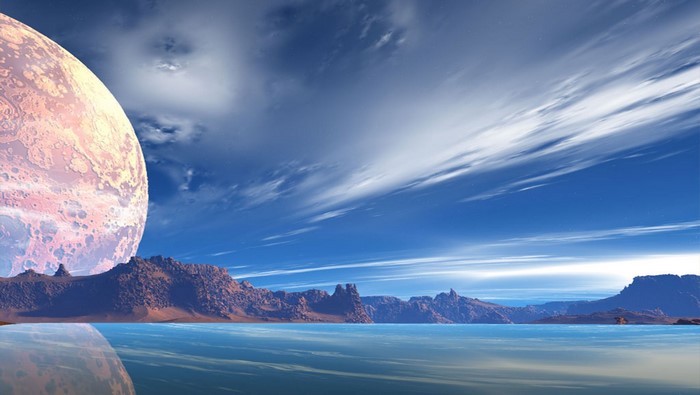 Alien planet with large moon over reflective water