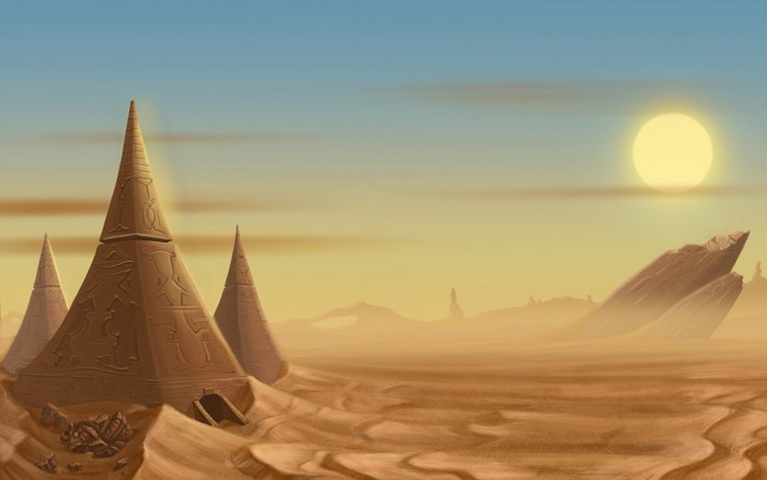 Fantasy desert landscape with pyramids and sun