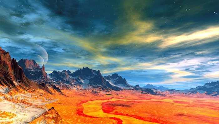 Alien landscape with mountains and lava flow