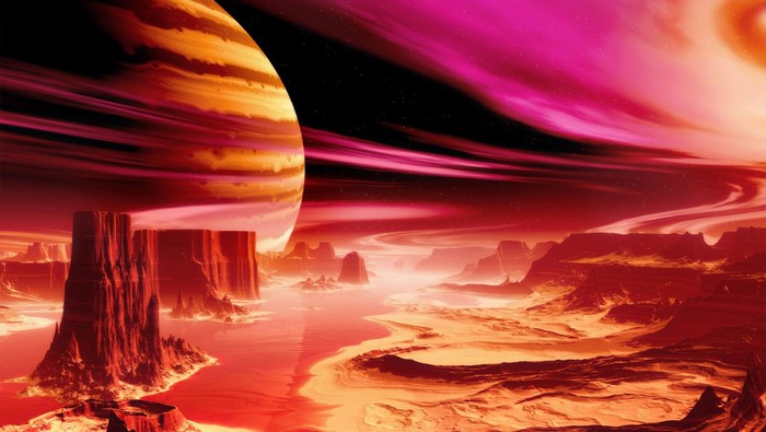 Alien planet with a large gas giant in the sky