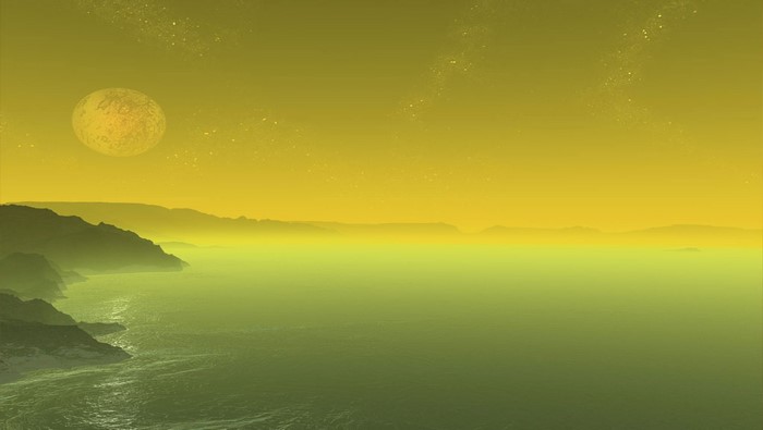 Alien planet with moon over misty sea
