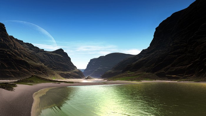 Alien planet landscape with mountains and a lake
