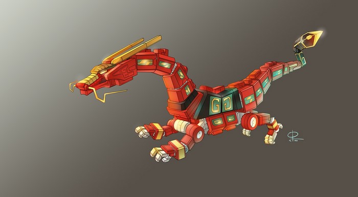 Red and gold robotic Chinese dragon