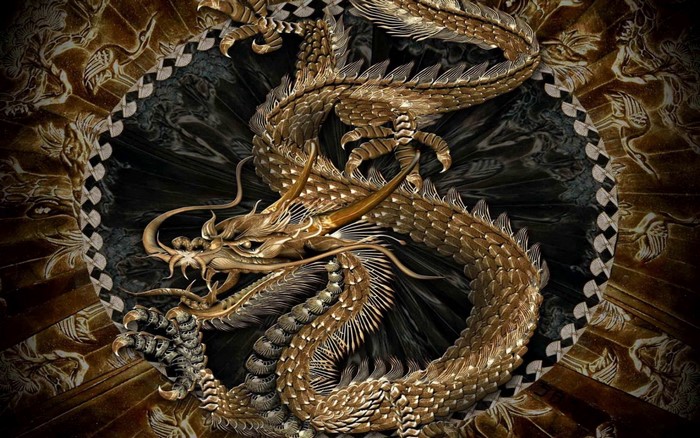Golden Chinese Dragon Carving on Decorative Background