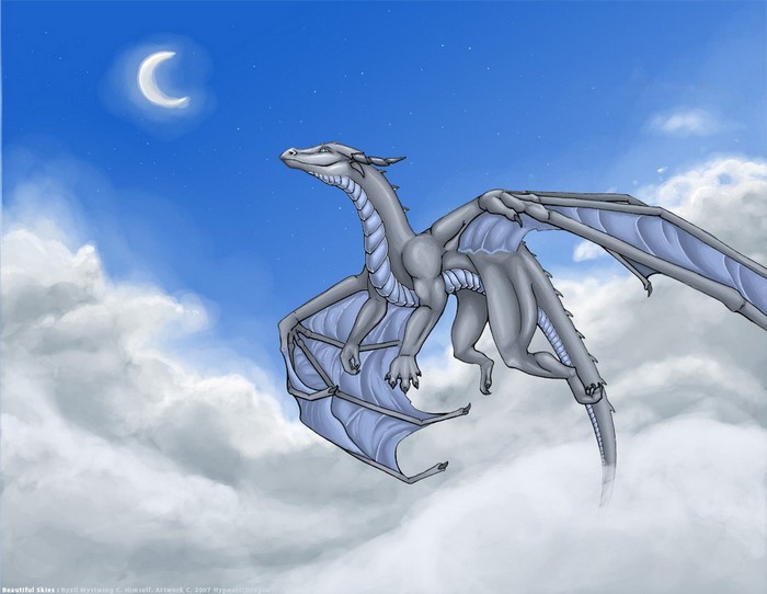 Dragon flying through clouds under a crescent moon