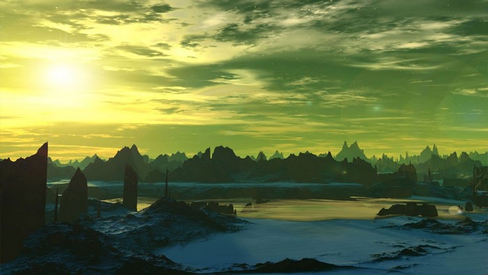 Alien landscape with strange rock formations and a yellow-green sky