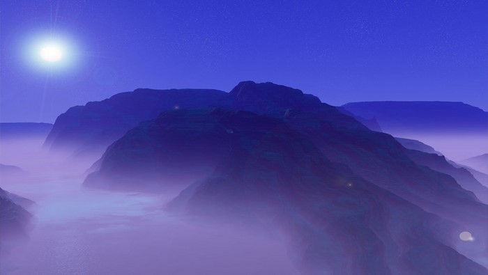 A surreal alien planet with mountains and fog
