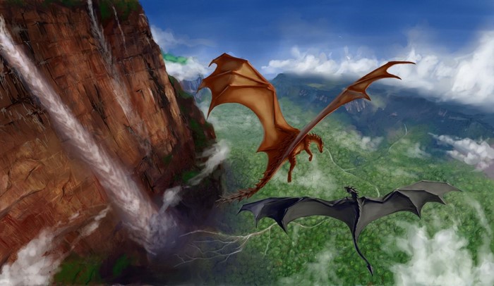 Two dragons flying near a waterfall and jungle