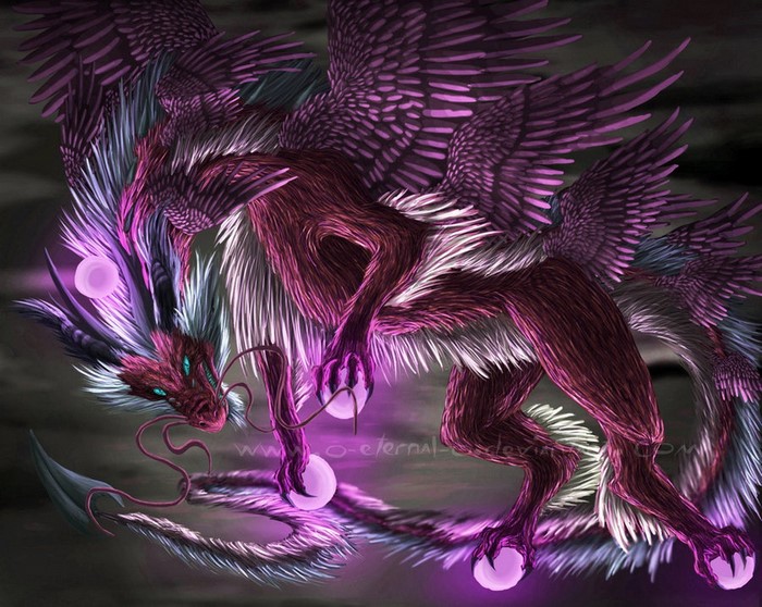 A purple dragon with multiple wings and glowing orbs