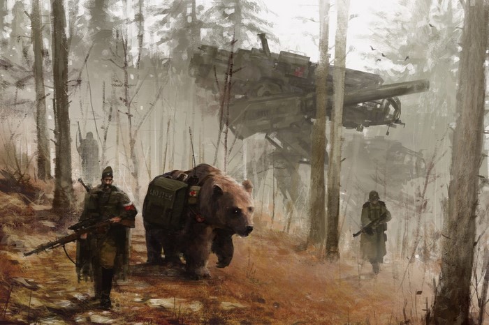 Soldier and bear Wojtek in a forest with a mech