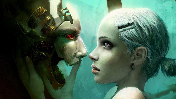 Girl and cyborg face to face