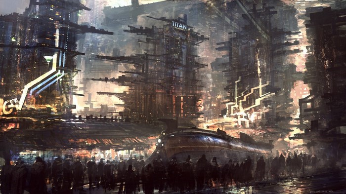 Futuristic city with a train and crowds