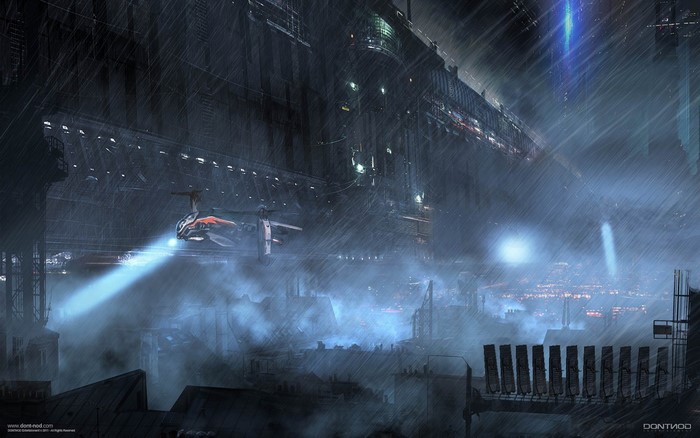 Science fiction concept art of a futuristic city in rain